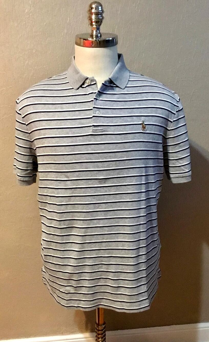 Polo Ralph Lauren Classic Fit Striped Soft Cotton Polo Gray Preppy Size Large